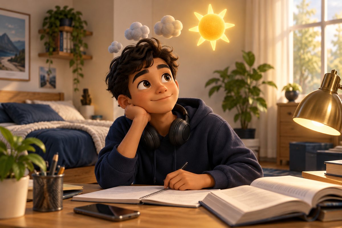 Ilustração 3D de um adolescente estudando, olhando para nuvens de pensamento que se transformam em um sol