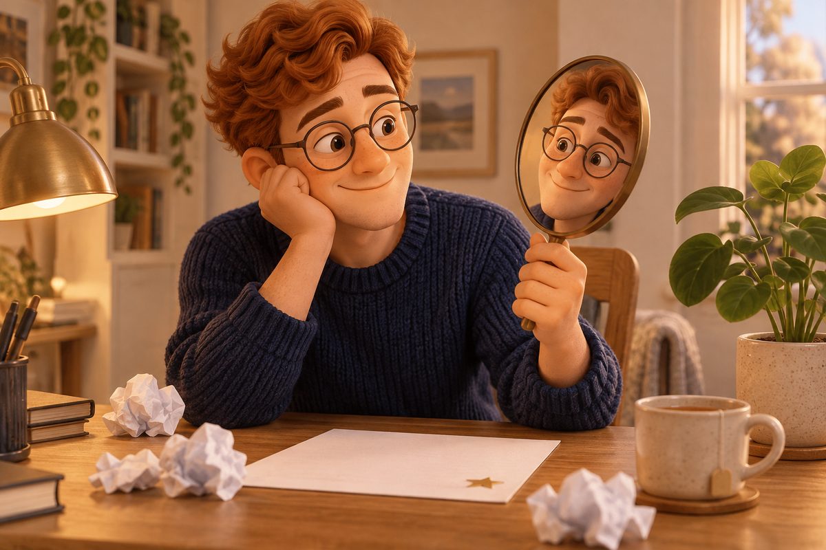 Ilustração 3D de um jovem de óculos sorrindo para o próprio reflexo em um espelho, com papéis amassados na mesa