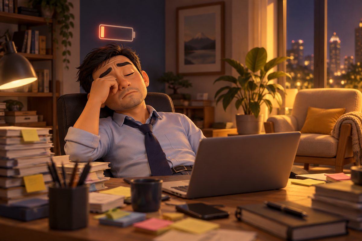 Ilustração 3D de um homem cansado no escritório de casa à noite, com um ícone de bateria quase vazia