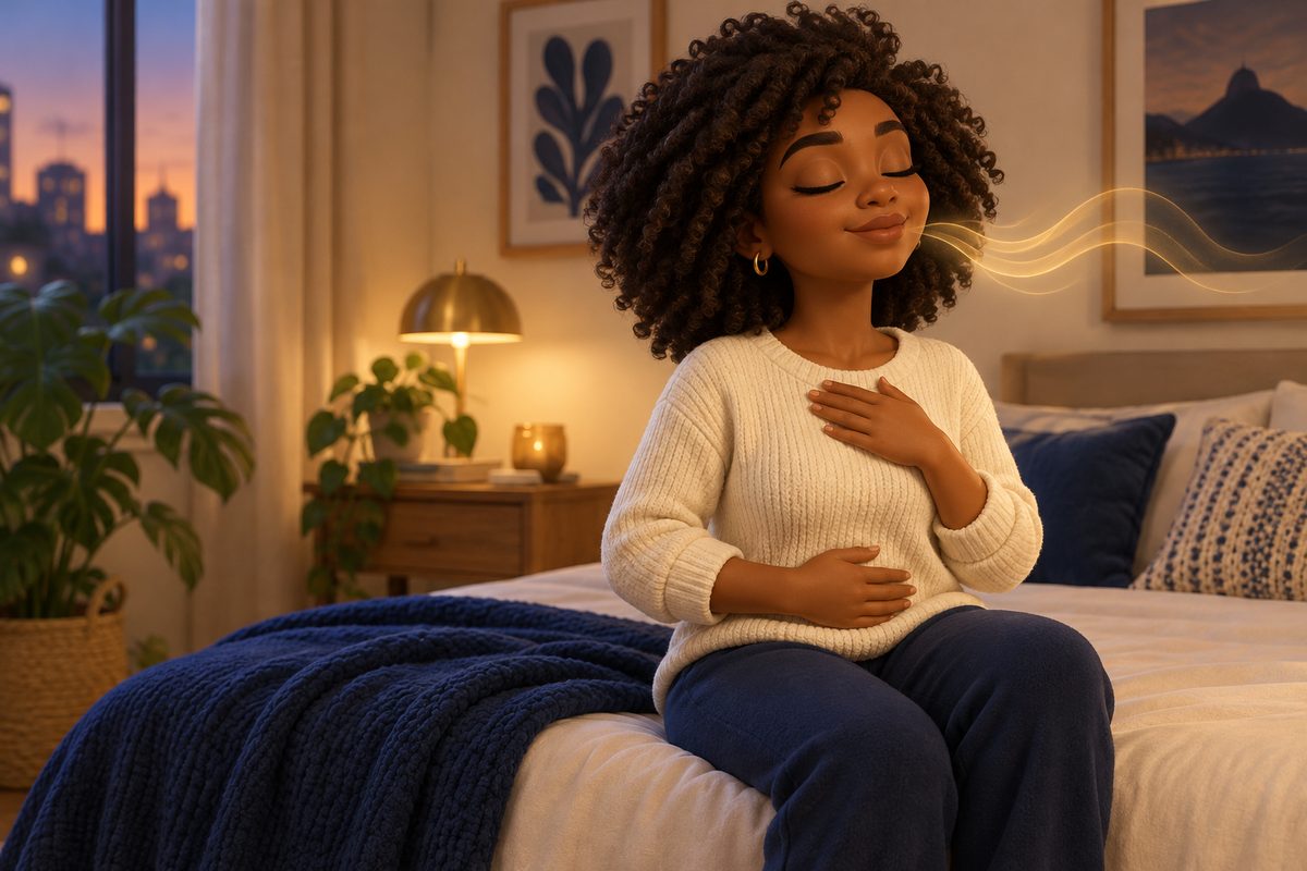 Ilustração 3D de uma jovem negra de cabelo cacheado sentada na cama, de olhos fechados, respirando com calma com a mão no peito