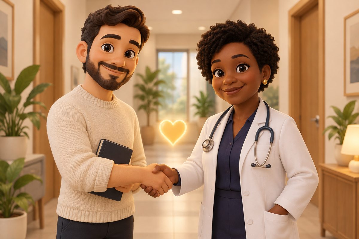 Ilustração 3D de um psicólogo e uma psiquiatra apertando as mãos em uma clínica